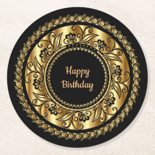 Happy Birthday, elegant zwart en goud, Ronde Kartonnen Onderzetter