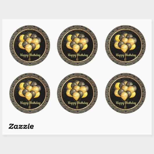 Happy Birthday, elegant zwart en goud, Ronde Sticker (Vel)