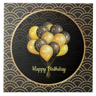 Happy Birthday, elegant zwart en goud, Tegeltje