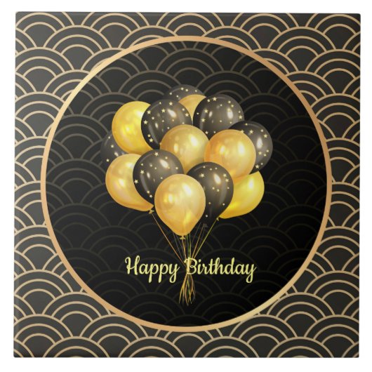 Happy Birthday, elegant zwart en goud, Tegeltje (Voorkant)