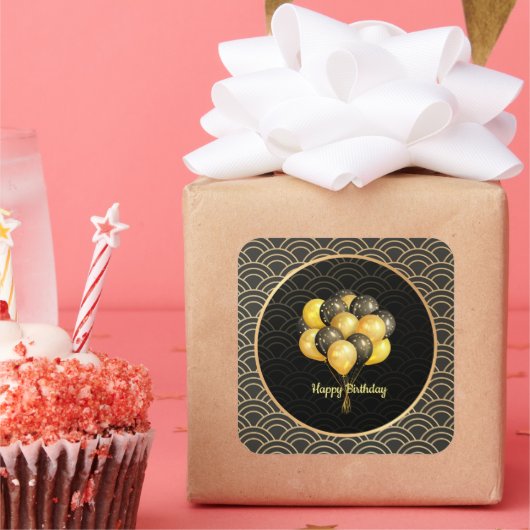 Happy Birthday, elegant zwart en goud, Vierkante Sticker (Feest)