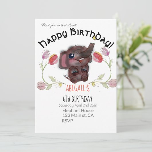 Happy Birthday Elephant and Tulips Kaart (Staand voorkant)