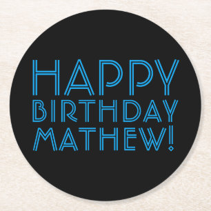 Happy Birthday (ELKE NAAM)   Blauw en zwart (of di Ronde Kartonnen Onderzetter