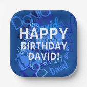 Happy Birthday (elke naam) Blauw Papieren Bordje (Voorkant)