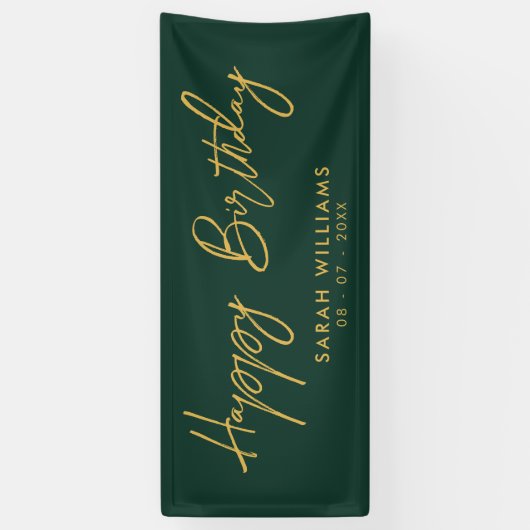 Happy Birthday Emerald Green Gold Modern Script Spandoek (Verticaal)
