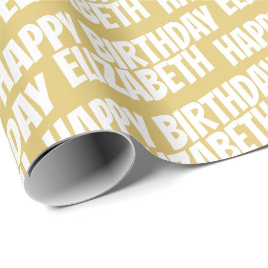 Happy Birthday en Name Text Pattern Elegant Gold Cadeaupapier (Rol Hoek)