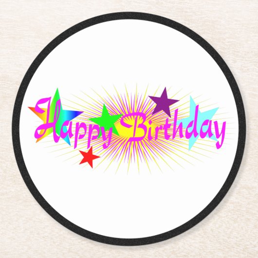 Happy Birthday en Stars - Ronde Kartonnen Onderzetter (Voorkant)