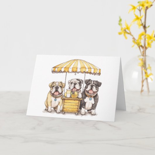 Happy Birthday Engelse Bulldogs Lemonade Stand Kaart (Gele Bloem)