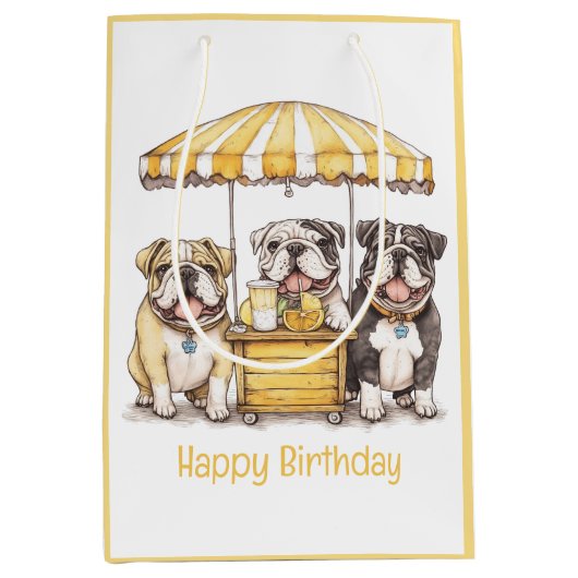 Happy Birthday Engelse Bulldogs Lemonade Stand Medium Cadeauzakje (Voorkant)
