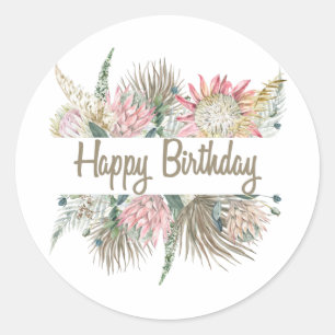 Happy Birthday Exotic Waterverf Flowers, weggaan Ronde Sticker