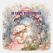 Happy Birthday Fairy Vintage Girl Square Sticker (Voorkant)