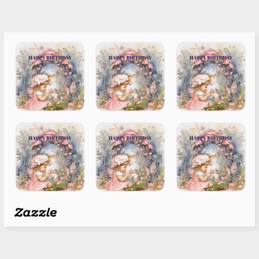 Happy Birthday Fairy Vintage Girl Square Sticker (Vel)
