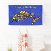 Happy Birthday Fancy vis Kleurrijke schalen Blauw Spandoek (Insitu)