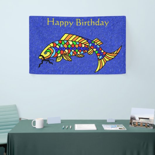 Happy Birthday Fancy vis Kleurrijke schalen Blauw Spandoek (Beurs)