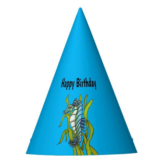 Happy Birthday Fantasy Seahorse Seaweed Blue Feesthoedjes (Voorkant)