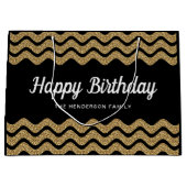 Happy Birthday Faux Gold Glitter Black Stripes Groot Cadeauzakje (Voorkant)