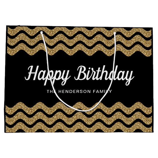 Happy Birthday Faux Gold Glitter Black Stripes Groot Cadeauzakje (Achterkant)