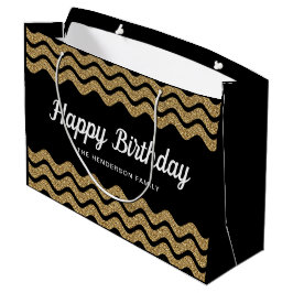 Happy Birthday Faux Gold Glitter Black Stripes Groot Cadeauzakje