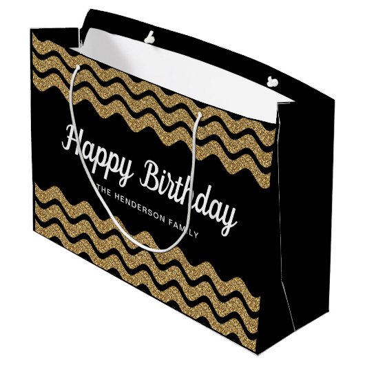Happy Birthday Faux Gold Glitter Black Stripes Groot Cadeauzakje (Achterkant Gekanteld)