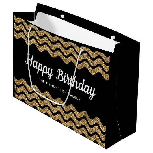 Happy Birthday Faux Gold Glitter Black Stripes Groot Cadeauzakje (Voorkant Gekanteld)