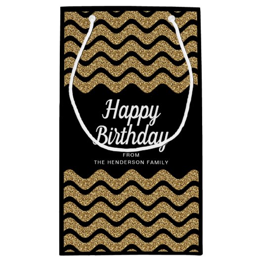 Happy Birthday Faux Gold Glitter Black Stripes Klein Cadeauzakje (Achterkant)