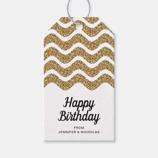Happy Birthday Faux Gold Glitter White Cadeaulabel (Voorkant)