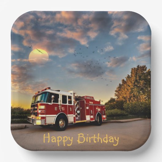Happy Birthday Fire Truck Papieren Bordje (Voorkant)