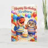 Happy birthday first born cute dinosaur and owl ca kaart (Voorkant)
