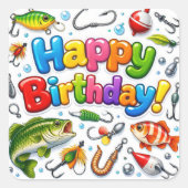 Happy Birthday Fish, Lures and Hooks Vierkante Sticker (Voorkant)