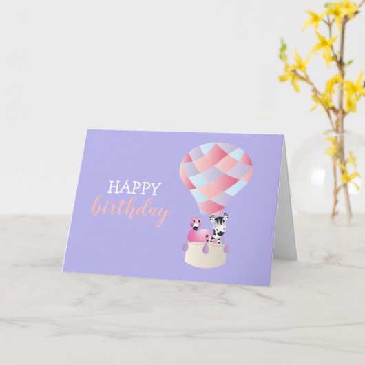 Happy Birthday Flamingo Zebra Hot Air ballon Kaart (Gele Bloem)
