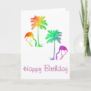 Happy Birthday Flamingos Palm Trees Rainbow Kaart