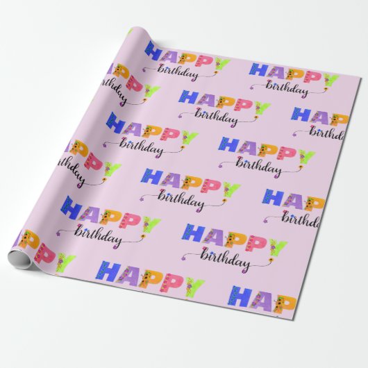Happy Birthday Floral Accented Letters Cadeaupapier (Uitgerold)