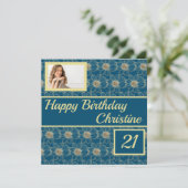Happy Birthday Floral Blauwgroen design Aangepaste (Staand voorkant)