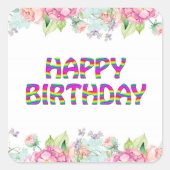Happy Birthday Floral Design Vierkante Sticker (Voorkant)
