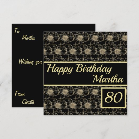 Happy Birthday Floral Gold Black Custom Kaart (Voorkant / Achterkant)