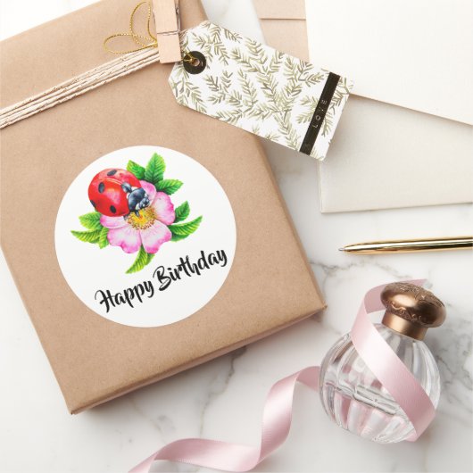 Happy Birthday Floral Ladybug Ronde Sticker (Geschenken)