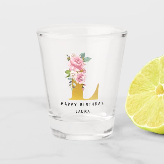 Happy Birthday Floral Monogram L Persoonlijke naam Shot Glas (Voorkant)