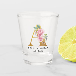 Happy Birthday Floral Monogram Persoonlijke naam Shot Glas