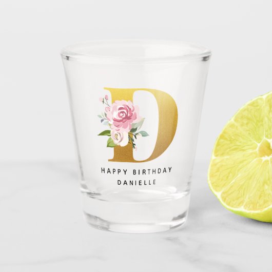 Happy Birthday Floral Monogram Persoonlijke naam Shot Glas (Voorkant)