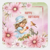 Happy Birthday Floral Vintage Girl Square Sticker (Voorkant)
