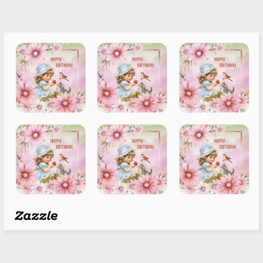 Happy Birthday Floral Vintage Girl Square Sticker (Vel)