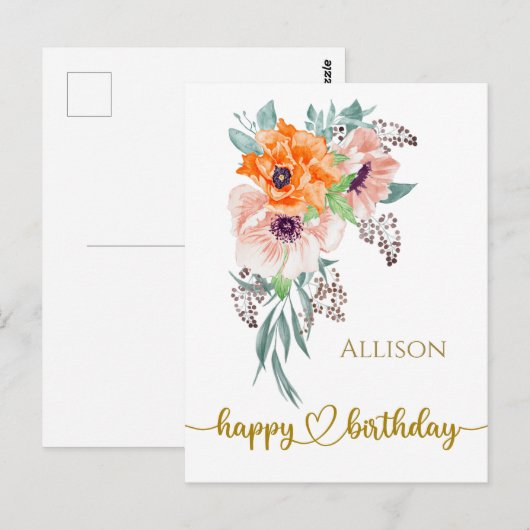 Happy Birthday Floral Waterverf Briefkaart (Voorkant / Achterkant)