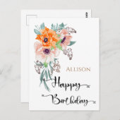 Happy Birthday Floral Waterverf Briefkaart (Voorkant / Achterkant)