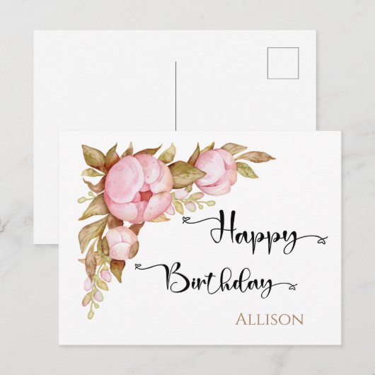 Happy Birthday Floral Waterverf Briefkaart (Voorkant / Achterkant)