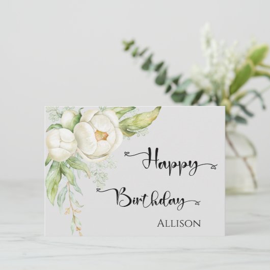 Happy Birthday Floral Waterverf Green Grey Kaart (Staand voorkant)