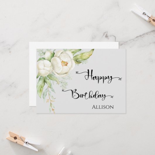 Happy Birthday Floral Waterverf Green Grey Kaart (Voorkant / Achterkant in situ)