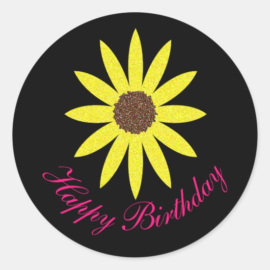 Happy Birthday Floral Zonnebloem Roze Geel Zwart Ronde Sticker (Voorkant)