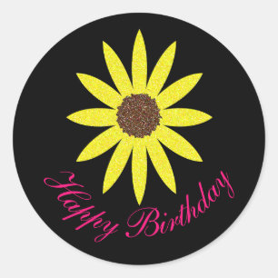 Happy Birthday Floral Zonnebloem Roze Geel Zwart Ronde Sticker