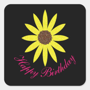Happy Birthday Floral Zonnebloem Roze Geel Zwart Vierkante Sticker