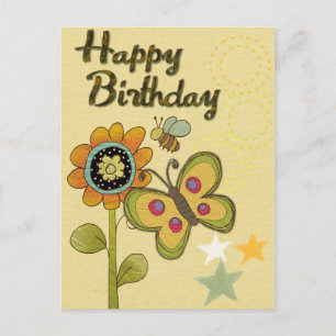 Happy Birthday Flower Butterfly Bee Natuur Briefkaart